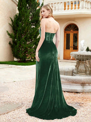 Robe Sirène en Velours Sans Bretelles avec Traîne Balayage Vert Foncé Grande Taille