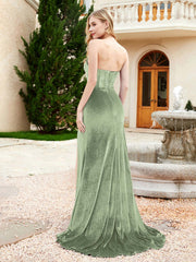 Robe Sirène en Velours Sans Bretelles avec Traîne Balayage Sauge Poudrée Grande Taille