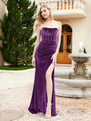 Robe Sirène en Velours Sans Bretelles avec Traîne Balayage Raisin