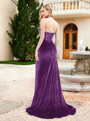 Robe Sirène en Velours Sans Bretelles avec Traîne Balayage Raisin Grande Taille