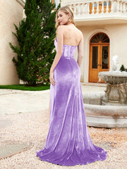 Robe Sirène en Velours Sans Bretelles avec Traîne Balayage Lilas Grande Taille