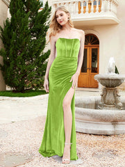 Robe Sirène en Velours Sans Bretelles avec Traîne Balayage Vert Citron Grande Taille