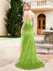 Robe Sirène en Velours Sans Bretelles avec Traîne Balayage Vert Citron Grande Taille