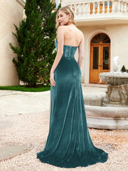 Robe Sirène en Velours Sans Bretelles avec Traîne Balayage Paon Grande Taille
