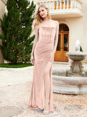 Robe Sirène en Velours Sans Bretelles avec Traîne Balayage Rose Perle