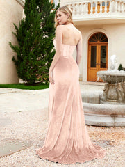 Robe Sirène en Velours Sans Bretelles avec Traîne Balayage Rose Perle Grande Taille