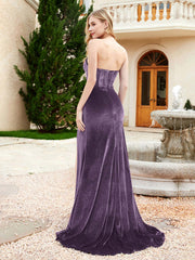 Robe Sirène en Velours Sans Bretelles avec Traîne Balayage Plum Grande Taille