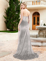 Robe Sirène en Velours Sans Bretelles avec Traîne Balayage Argent Grande Taille