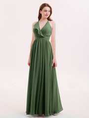 Col en V Pleine Longueur Mousseline Robe Demoiselle d'honneur Olive Verte Grande Taille