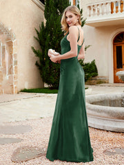 Robe en Velours à Bretelles Spaghetti avec Fente Vert Foncé Grande Taille