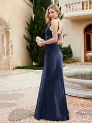 Robe en Velours à Bretelles Spaghetti avec Fente Bleu Marine Grande Taille