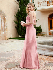 Robe en Velours à Bretelles Spaghetti avec Fente Rose Poudré Grande Taille