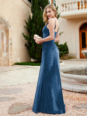 Robe en Velours à Bretelles Spaghetti avec Fente Bleu Encre Grande Taille