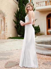 Robe en Velours à Bretelles Spaghetti avec Fente Ivoire