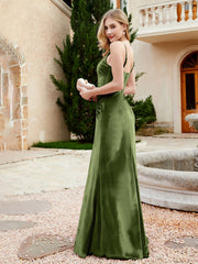Robe en Velours à Bretelles Spaghetti avec Fente Olive Verte Grande Taille