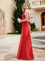 Robe en Velours à Bretelles Spaghetti avec Fente Rouge Grande Taille