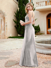 Robe en Velours à Bretelles Spaghetti avec Fente Argent Grande Taille
