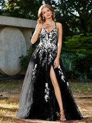 Robe de A-ligne en Tulle à Lacet et Col en V Noir