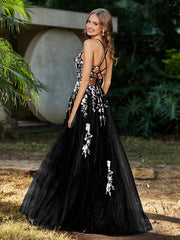 Robe de A-ligne en Tulle à Lacet et Col en V Noir