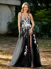 Robe de A-ligne en Tulle à Lacet et Col en V Noir