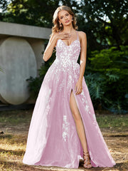 Robe de A-ligne en Tulle à Lacet et Col en V Rose Pâle Grande Taille