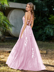 Robe de A-ligne en Tulle à Lacet et Col en V Rose Pâle Grande Taille