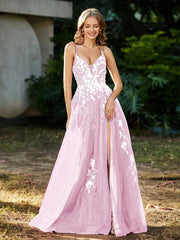 Robe de A-ligne en Tulle à Lacet et Col en V Rose Pâle