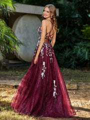 Robe de A-ligne en Tulle à Lacet et Col en V Bordeaux