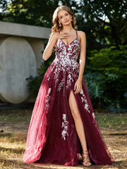 Robe de A-ligne en Tulle à Lacet et Col en V Bordeaux Grande Taille