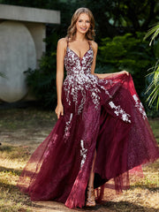 Robe de A-ligne en Tulle à Lacet et Col en V Bordeaux