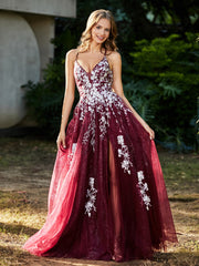 Robe de A-ligne en Tulle à Lacet et Col en V Bordeaux