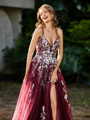 Robe de A-ligne en Tulle à Lacet et Col en V Bordeaux