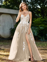 Robe de A-ligne en Tulle à Lacet et Col en V Champagne