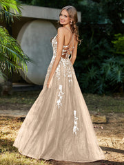 Robe de A-ligne en Tulle à Lacet et Col en V Champagne Grande Taille