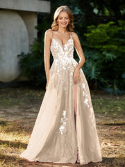 Robe de A-ligne en Tulle à Lacet et Col en V Champagne Grande Taille