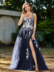 Robe de A-ligne en Tulle à Lacet et Col en V Bleu Marine Grande Taille