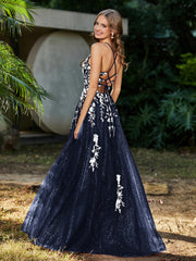 Robe de A-ligne en Tulle à Lacet et Col en V Bleu Marine Grande Taille