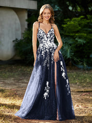 Robe de A-ligne en Tulle à Lacet et Col en V Bleu Marine Grande Taille