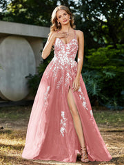 Robe de A-ligne en Tulle à Lacet et Col en V Flamant
