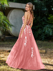 Robe de A-ligne en Tulle à Lacet et Col en V Flamant Grande Taille
