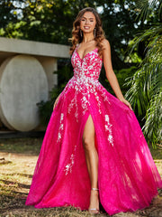 Robe de A-ligne en Tulle à Lacet et Col en V Fuchsia Grande Taille