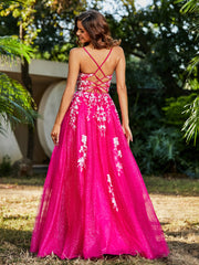 Robe de A-ligne en Tulle à Lacet et Col en V Fuchsia