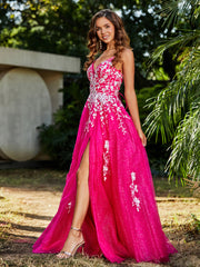 Robe de A-ligne en Tulle à Lacet et Col en V Fuchsia Grande Taille