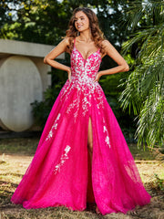 Robe de A-ligne en Tulle à Lacet et Col en V Fuchsia