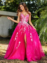 Robe de A-ligne en Tulle à Lacet et Col en V Fuchsia