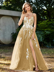 Robe de A-ligne en Tulle à Lacet et Col en V Or