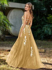 Robe de A-ligne en Tulle à Lacet et Col en V Or Grande Taille