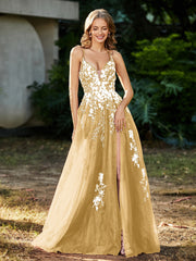 Robe de A-ligne en Tulle à Lacet et Col en V Or