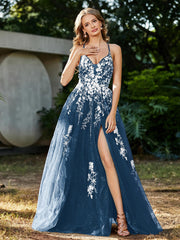 Robe de A-ligne en Tulle à Lacet et Col en V Bleu Encre