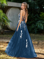Robe de A-ligne en Tulle à Lacet et Col en V Bleu Encre Grande Taille